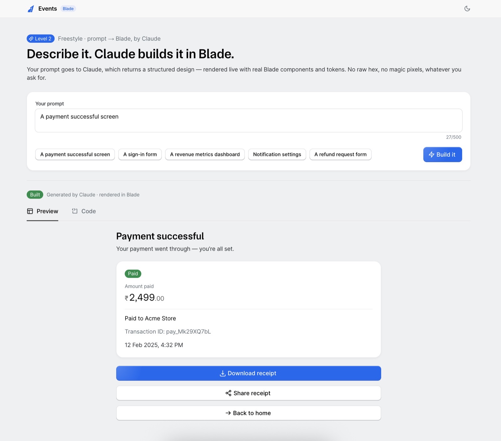 Prompt to Blade UI — a payment successful screen generated by Claude and rendered in Blade