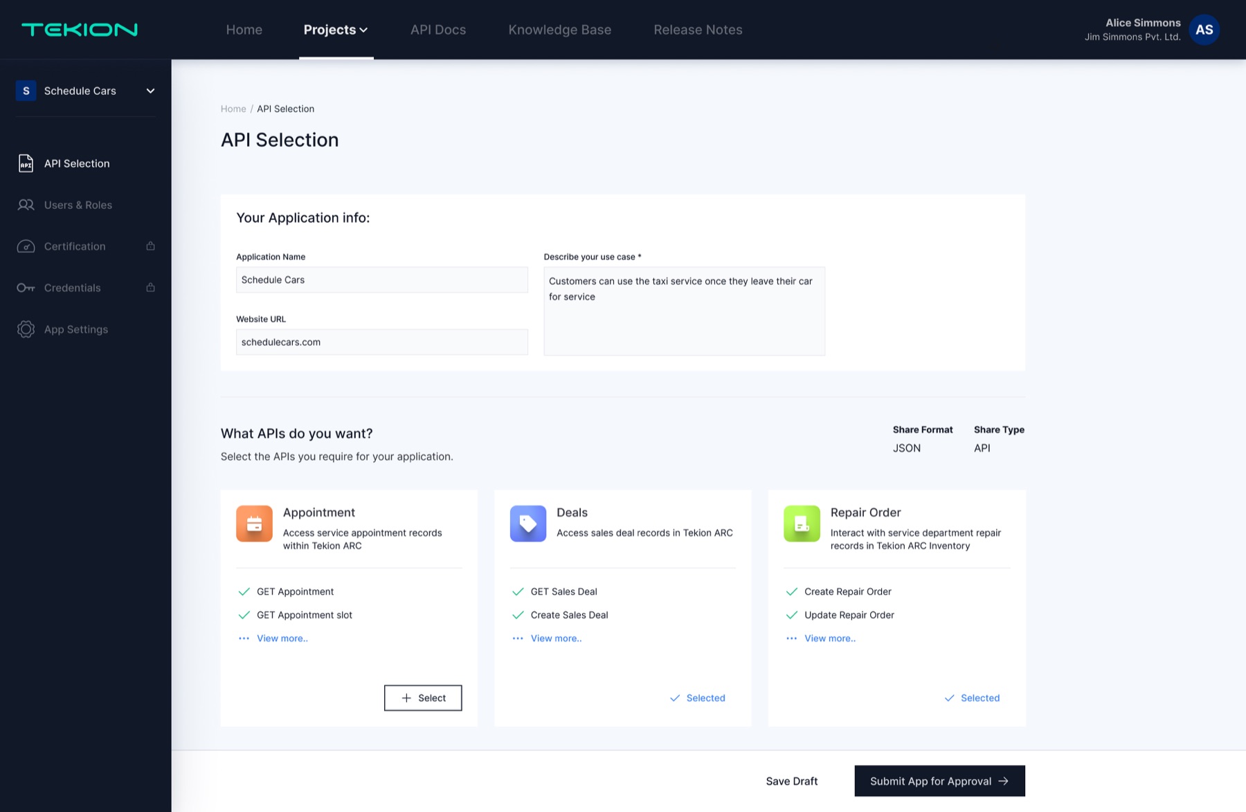Tekion OpenAPI — API selection screen where a developer picks which APIs to build against