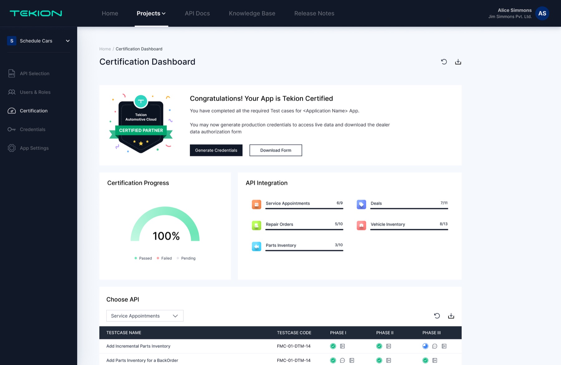 Tekion OpenAPI — API selection detail with scopes and access